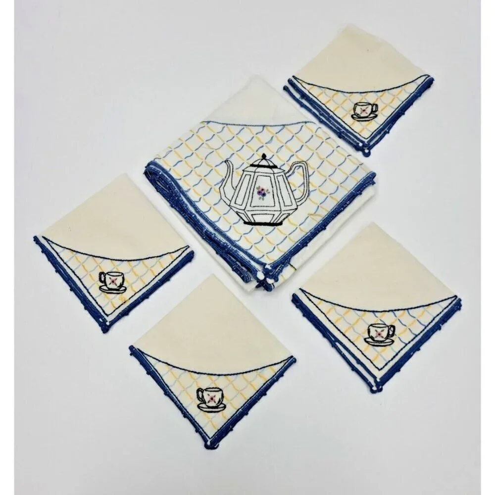 Vintage Hand Made Embroidered MuslinTablecloth and 4 Napkins Teapot and Teacup
